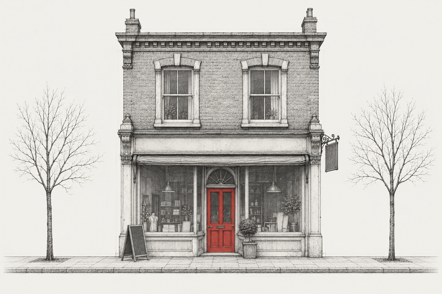 Pencil elevation of a Victorian shopfront, annotated like an architect's drawing